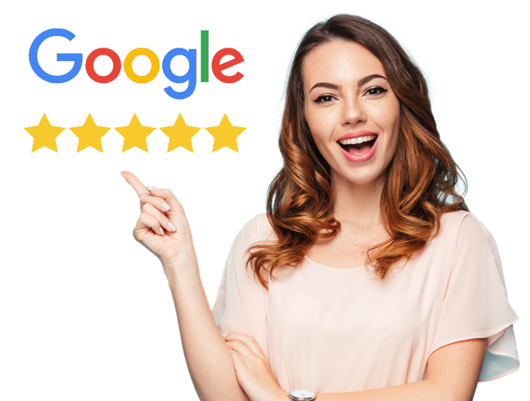 Google Reviews Logo and Woman pointing to the Logo