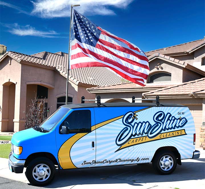 Sunshine Carpet Cleaning Flag and Van in Front of Customers Home